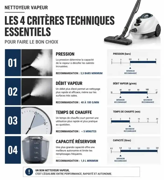 Infographie des critères techniques pour choisir le meilleur nettoyeur vapeur : pression, débit, temps de chauffe et capacité.