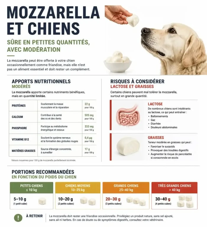Infographie sur les risques et bienfaits de la mozzarella pour chien
