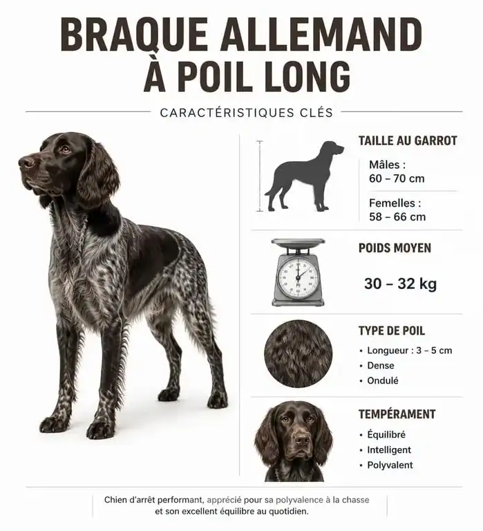 Infographie des caractéristiques physiques et tempérament du chien Braque allemand à poil long