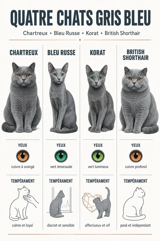 Comparatif des races de chats gris bleu : Chartreux, Bleu Russe, Korat et British Shorthair