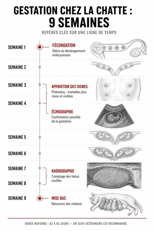Infographie des étapes de la gestation chez la chatte : calendrier de 63 jours pour anticiper la mise bas