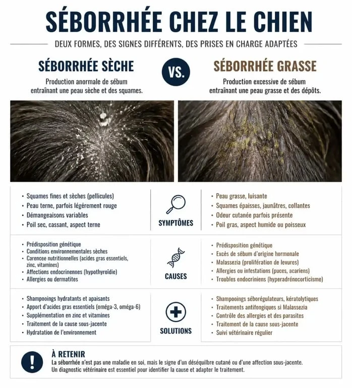 Infographie comparative des causes et solutions pour les pellicules chez le chien