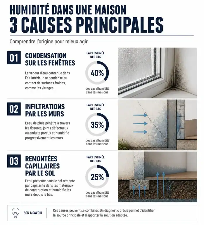 Schéma des causes de l'humidité dans une maison : condensation, infiltrations et remontées capillaires.