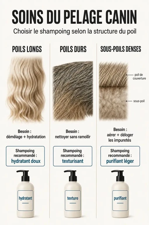 Infographie comparative des besoins en meilleur shampoing pour chien selon le type de pelage