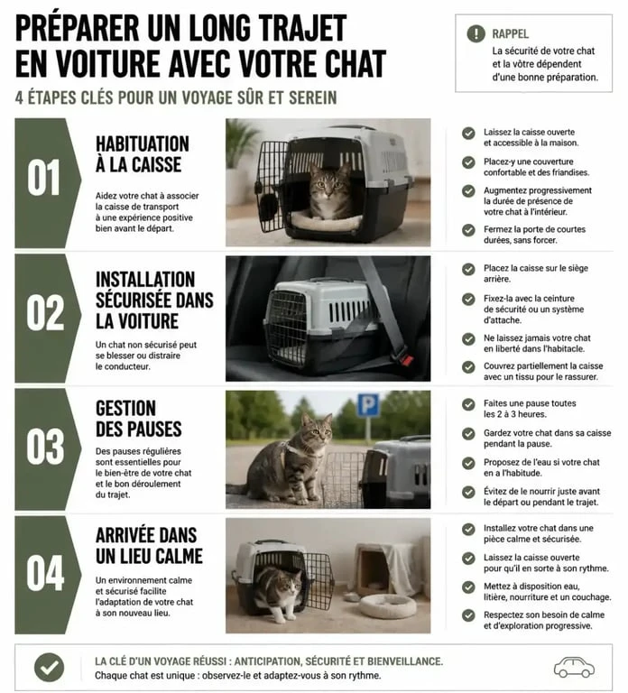 Infographie des étapes pour faire 600 km avec un chat en voiture en toute sécurité
