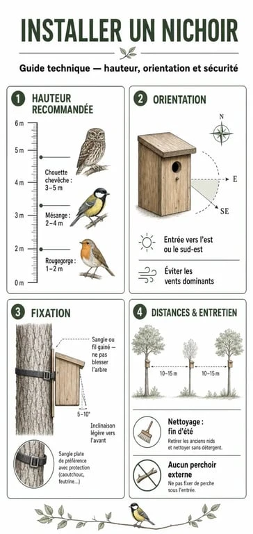 Infographie sur les dimensions et hauteurs pour installer un nichoir à oiseaux selon les espèces