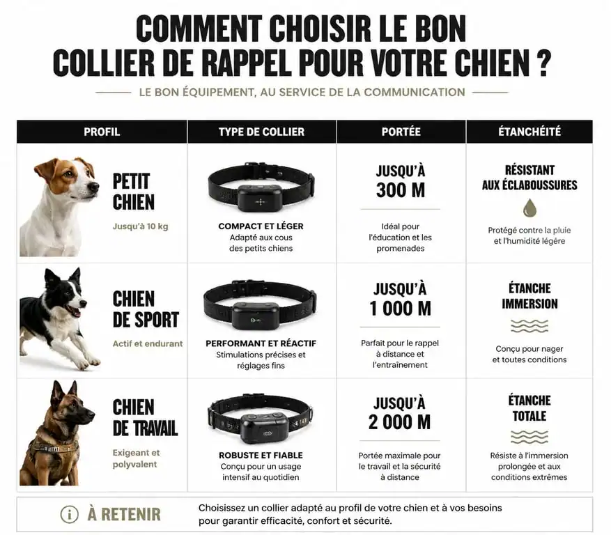 Infographie comparative pour choisir son collier de rappel chien selon le profil et la portée