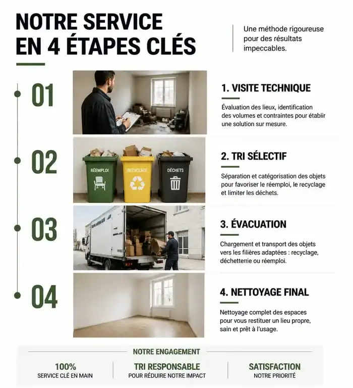 Infographie des étapes d'un service de nettoyage et débarras professionnel