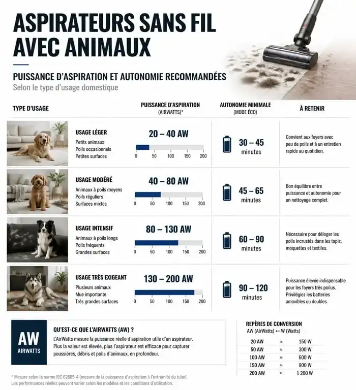 Infographie comparative des critères techniques pour choisir le meilleur aspirateur sans fil pour poils d'animaux