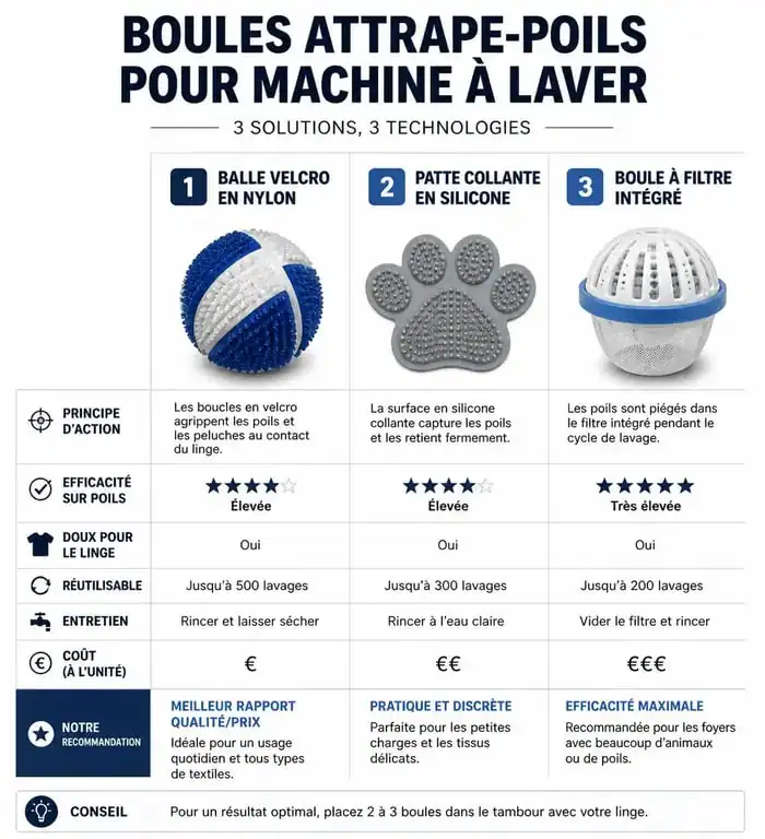 Comparatif des différents types de boules attrape-poils pour machine à laver : nylon, silicone et filtre pour éliminer les poils d'animaux.