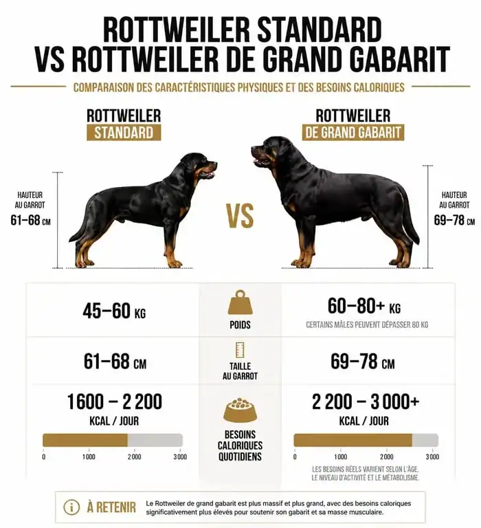 Comparatif des caractéristiques physiques et besoins nutritionnels entre un Rottweiler standard et un gros Rottweiler