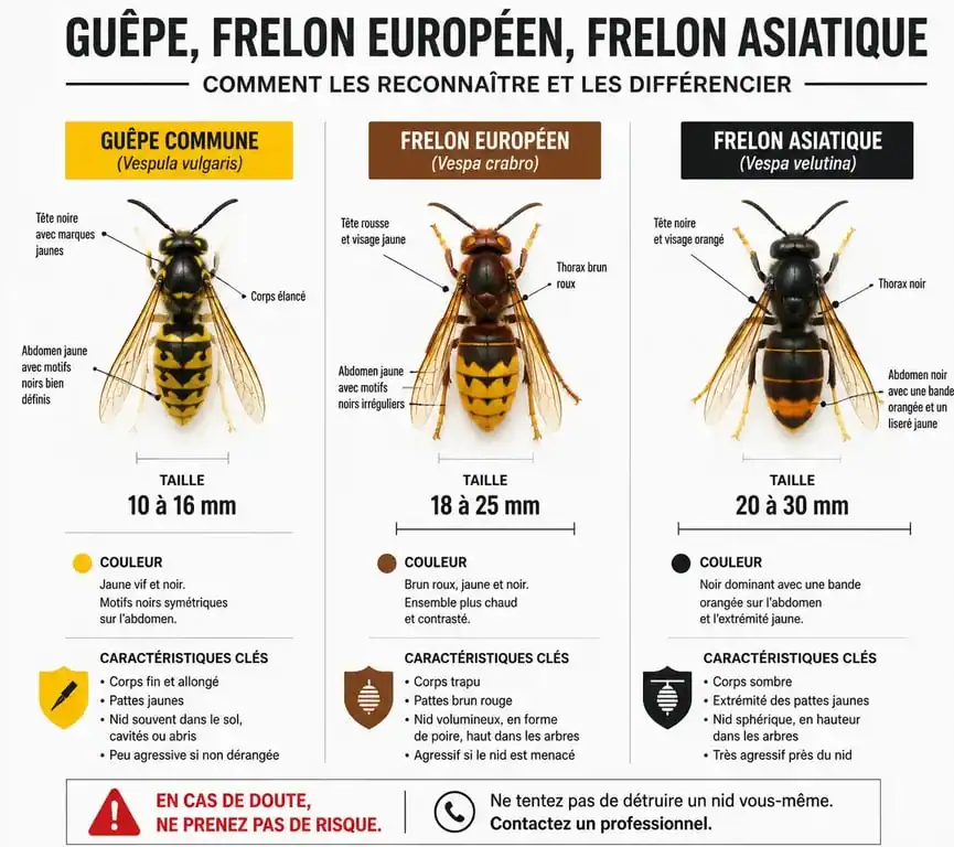 Comparaison visuelle des différences entre guêpe, frelon européen et frelon asiatique