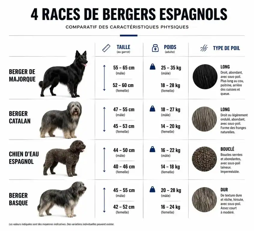 Infographie comparative des races de chiens berger espagnol : caractéristiques physiques et tempérament