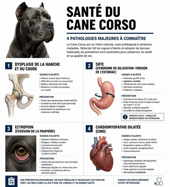 Infographie sur les pathologies fréquentes et la prévention santé chez le Cane Corso