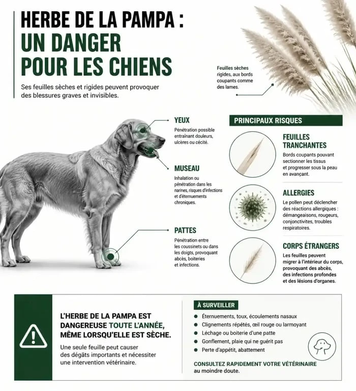 Infographie des risques de l'herbe de la pampa pour les chiens : dangers physiques et blessures
