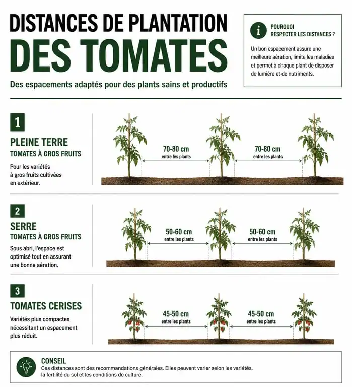Infographie des distances de plantation entre les pieds de tomates pour un potager sain