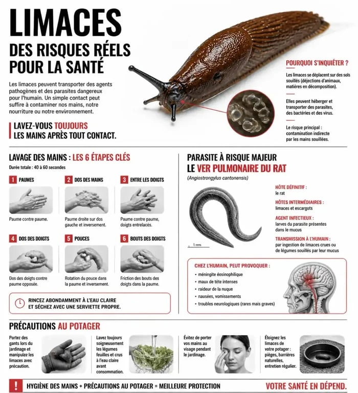 Infographie sur les risques sanitaires et les précautions à prendre après avoir touché une limace dans le jardin
