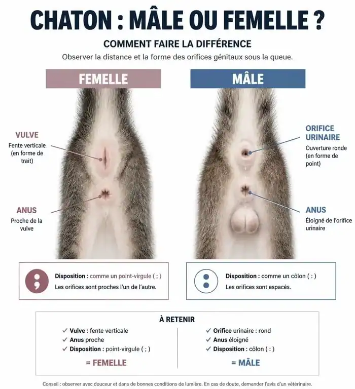 Schéma comparatif pour le sexage des chatons : mâle vs femelle