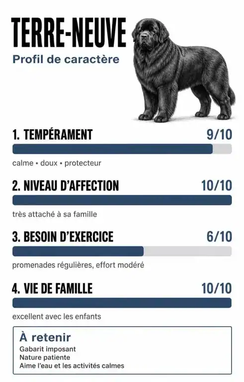 Infographie du caractère du Terre-Neuve : tempérament, comportement et besoins du chien