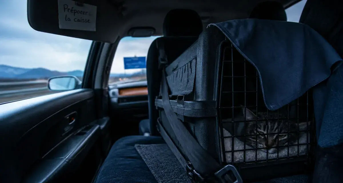 Faire 600 km avec un chat : caisse rigide fixée sur la banquette arrière en voiture