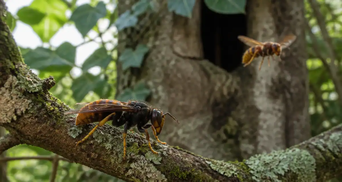 frelon noir et jaune sur branche, européen en arrière-plan