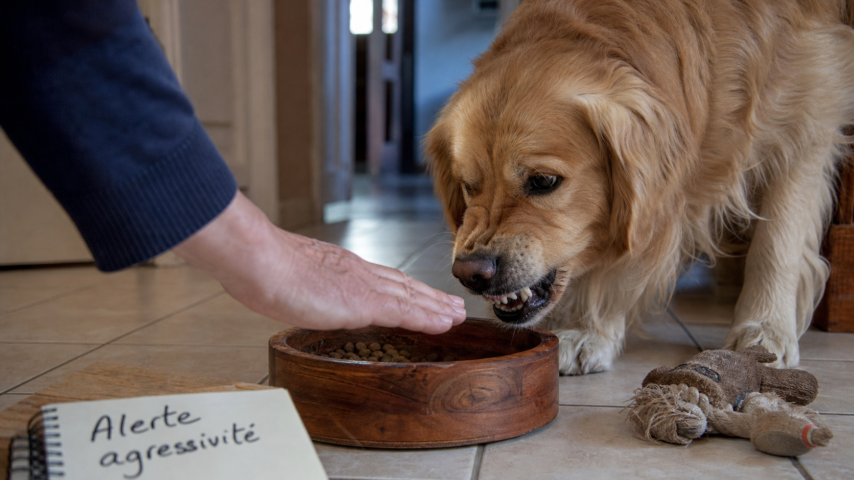 Golden retriever dangereux montrant les dents près de sa gamelle