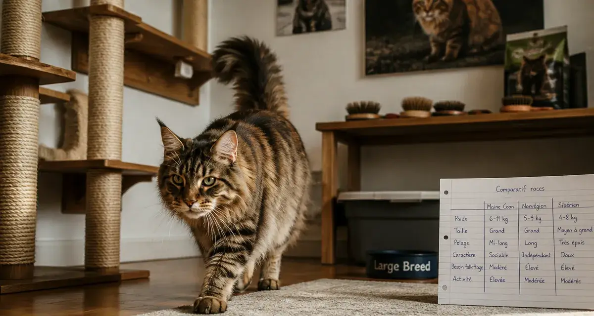 Grand chat race XXL Maine Coon dans un salon lumineux