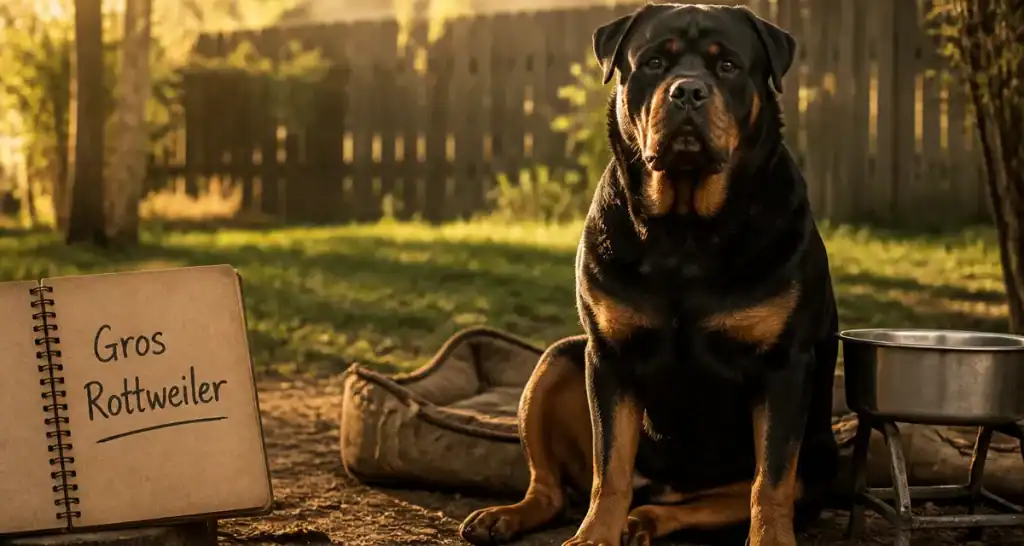 Gros rottweiler musclé, assis au jardin