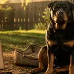 Gros rottweiler musclé, assis au jardin