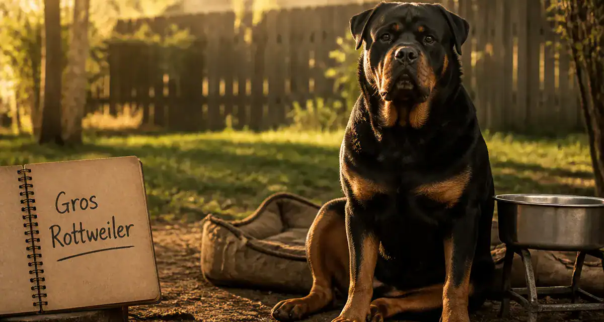 Gros rottweiler musclé, assis au jardin
