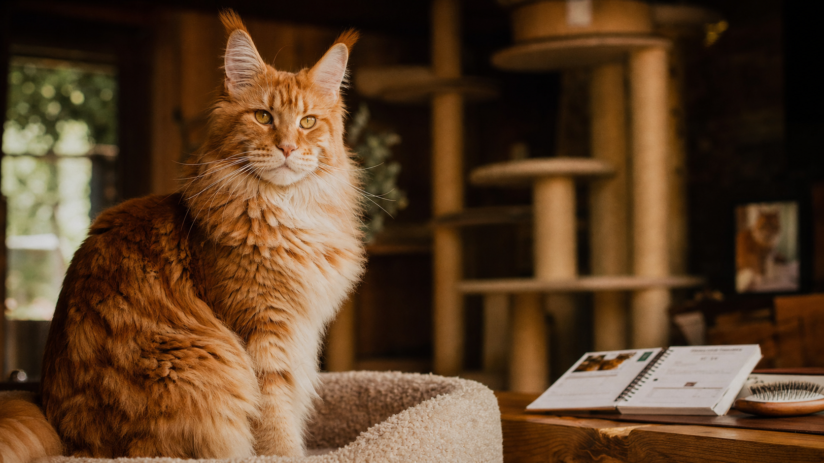Main coon roux adulte, pelage cuivré et crème sur panier
