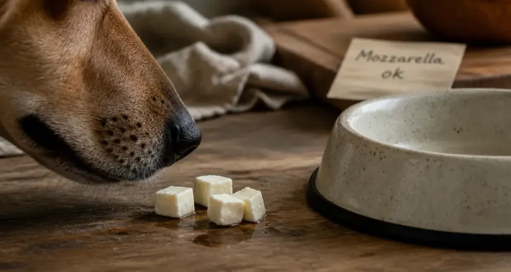 Mozzarella chien : friandise naturelle en cubes, chien renifle