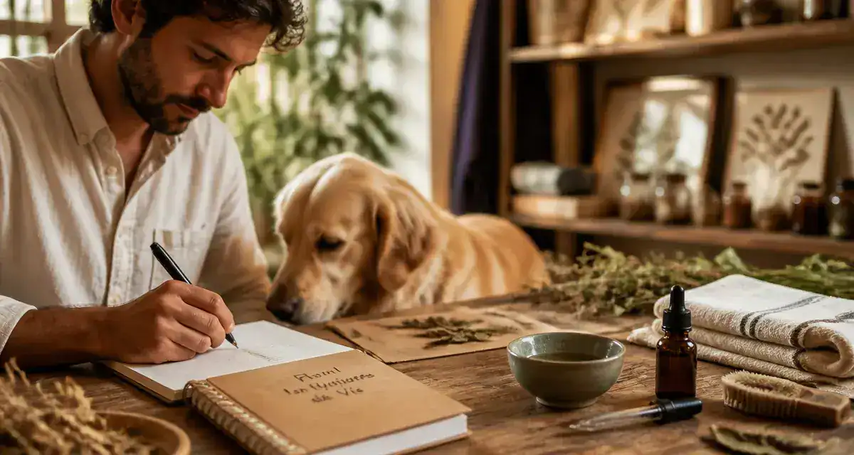 Naturopathe pour animaux en cabinet à domicile : carnet, hydrolat et plantes pour bien-être canin