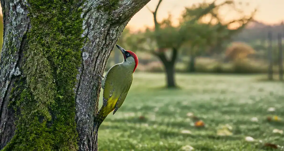 oiseau vert tete rouge sur tronc de pommier