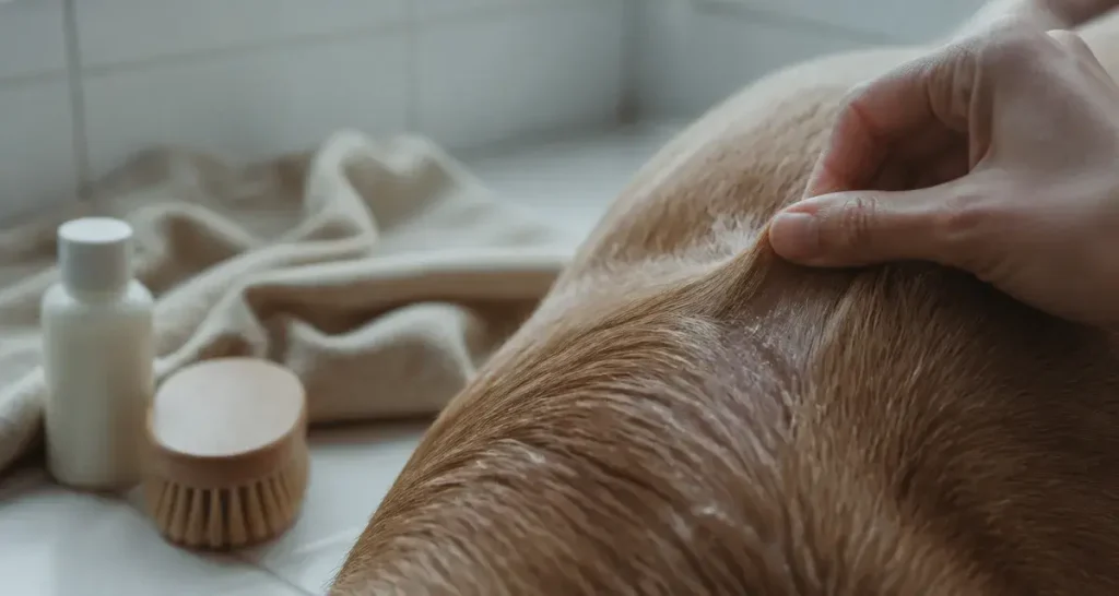 Pellicules chien : squames sur la peau du pelage brun du chien