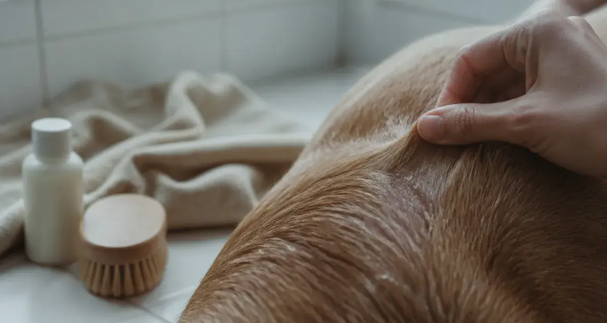 Pellicules chien : squames sur la peau du pelage brun du chien