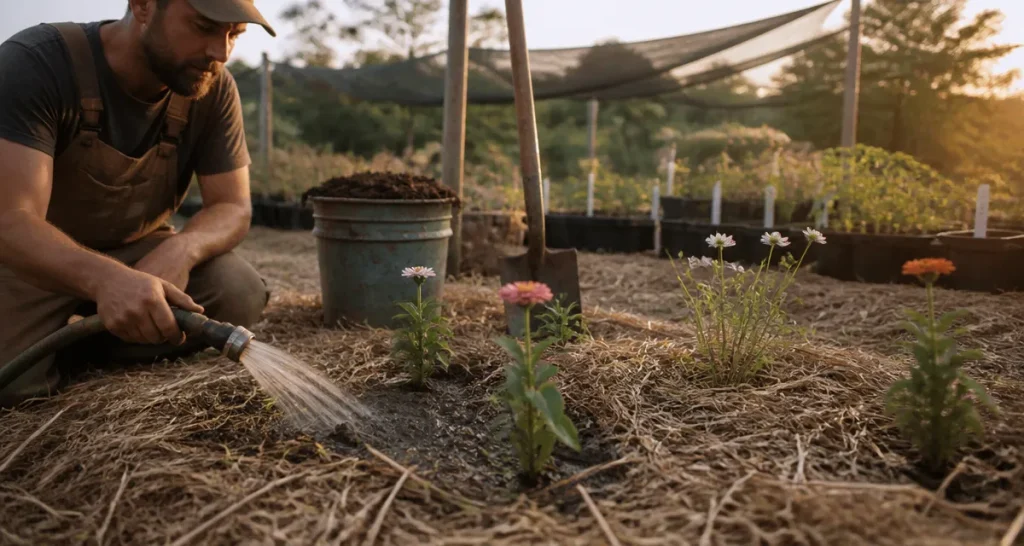 Que planter en juillet août fleurs : arrosage de jeunes plants en terre chaude