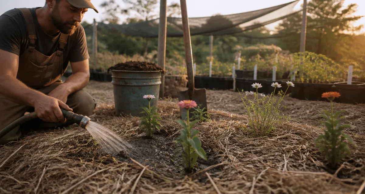 Que planter en juillet août fleurs : arrosage de jeunes plants en terre chaude