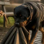 Rottweiler adulte noir et feu, expression calme, cour pavée