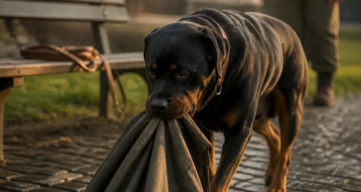 Rottweiler adulte noir et feu, expression calme, cour pavée