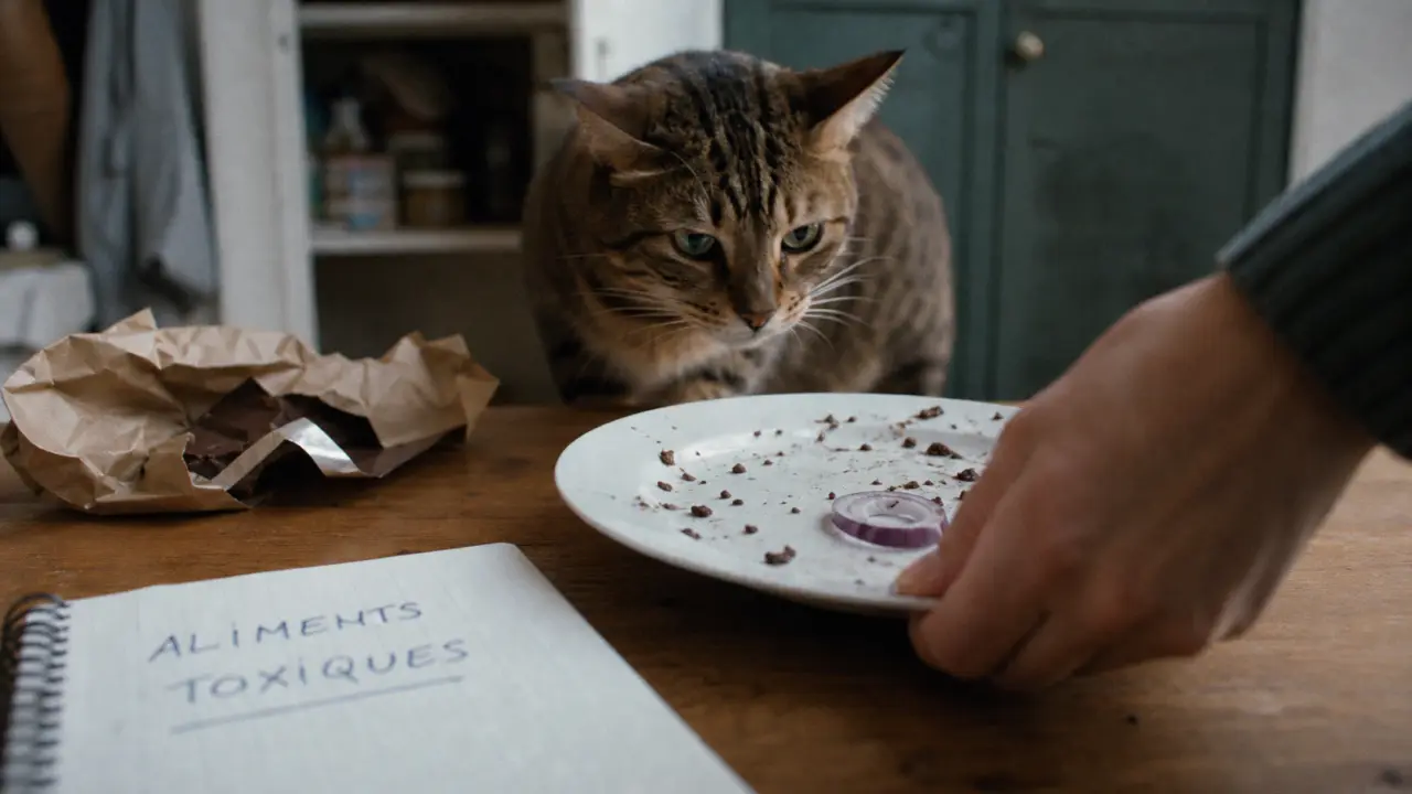 Aliments toxiques pour les chats : chocolat noir et oignon près du chat