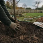 Arbre a planter : mains gantées plantant un jeune arbre