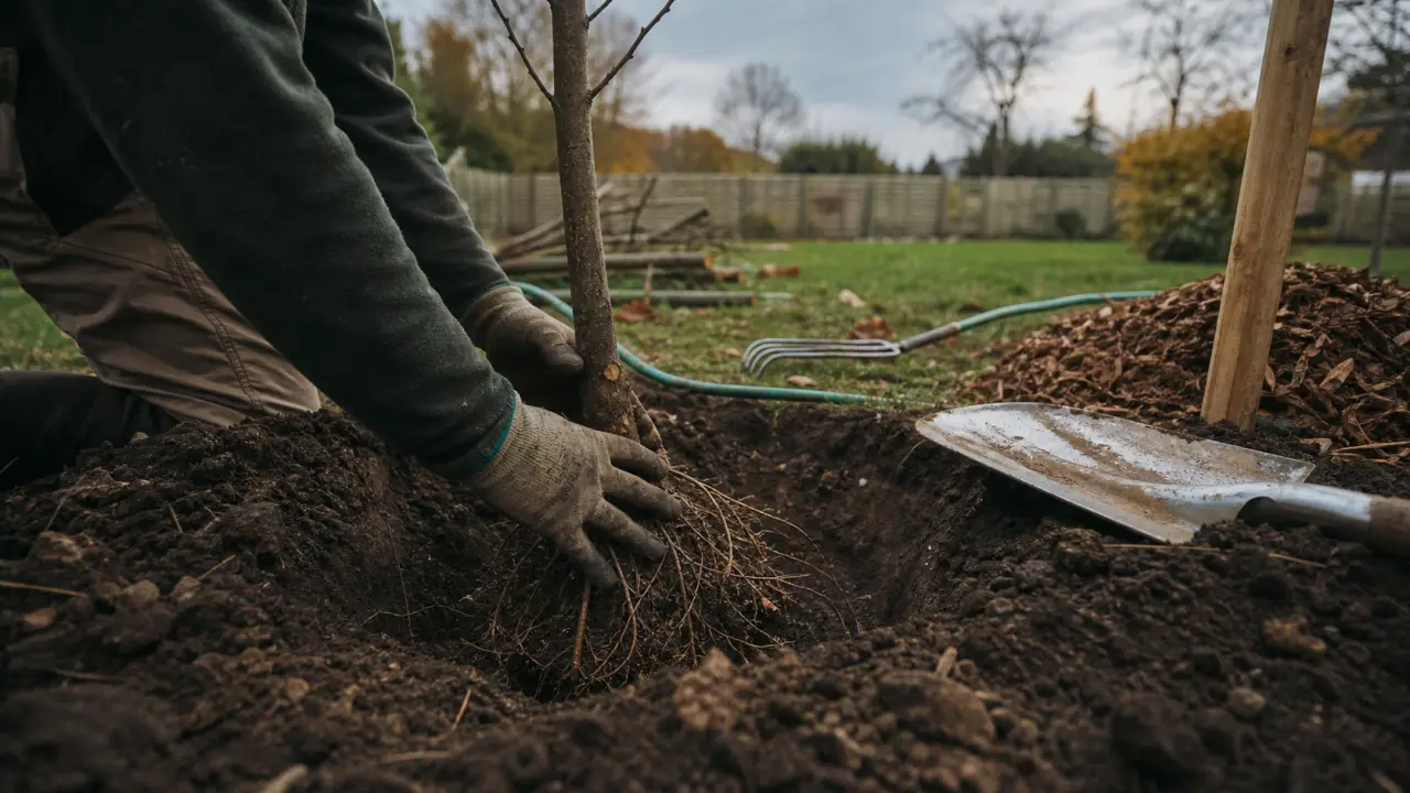 Arbre a planter : mains gantées plantant un jeune arbre