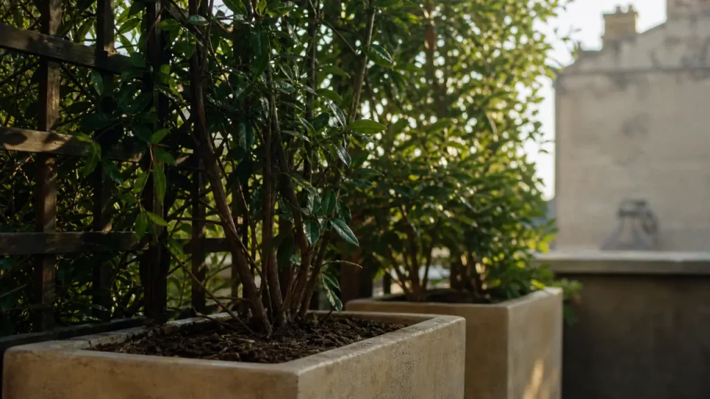 Brise vue plante feuillage persistant sur terrasse urbaine avec treillis.