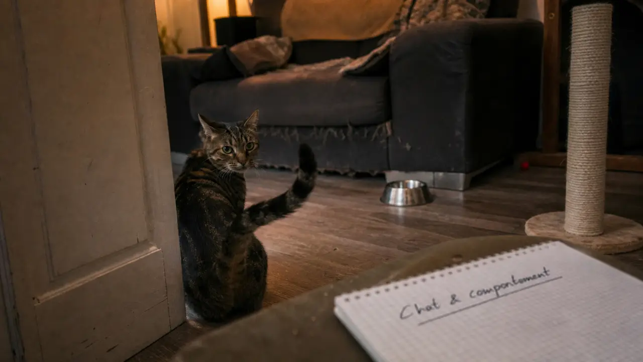 Chat tigré : chat et comportement, queue et oreilles près d’une porte