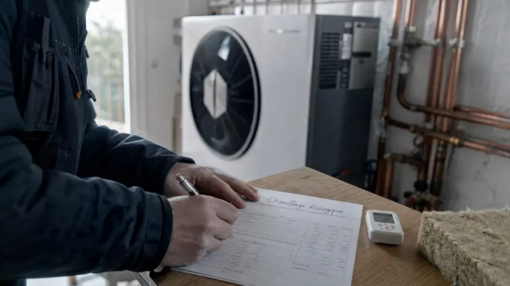 Chauffage écologique : installateur et pompe à chaleur dans une maison rénovée