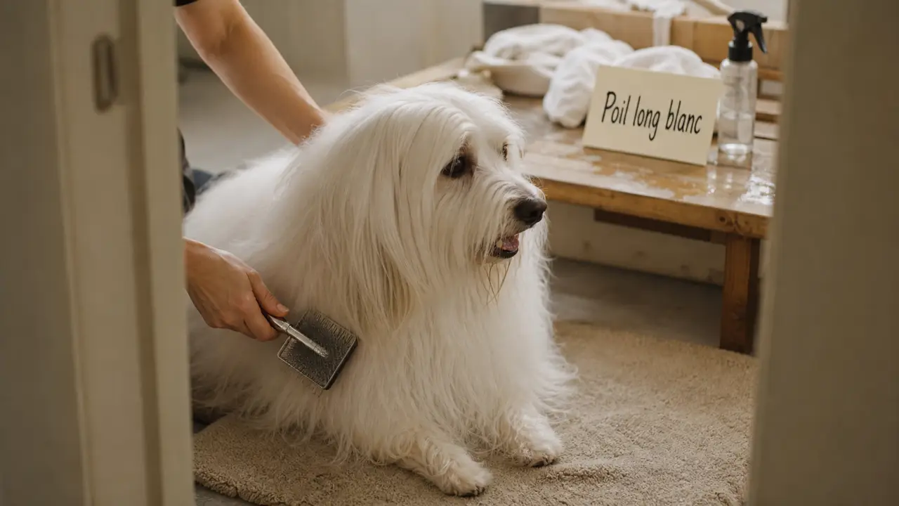 Chien blanc à poil long démêlé au toilettage