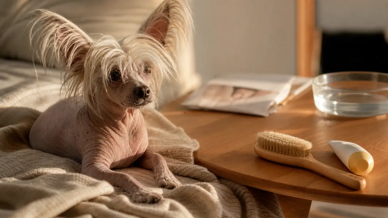 Chien chinois à crête sur un plaid, peau sensible et soins préventifs