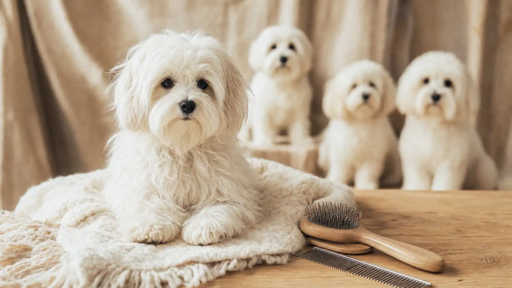 Chien petit blanc sur plaid en appartement