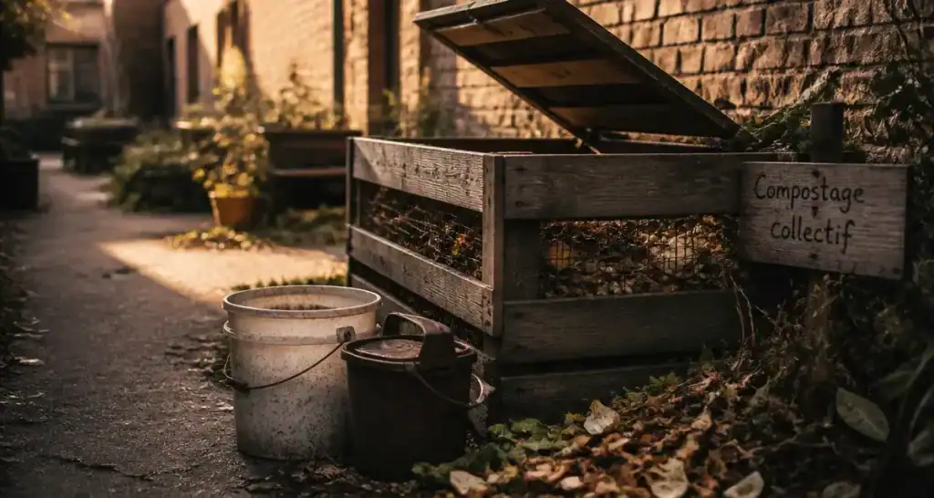Compostage collectif : composteur partagé dans une cour d’immeuble